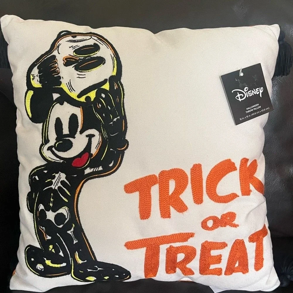 Disney Mickey Mouse Halloween Throw Pillow Trick or Treat Skull Embroidered NWT